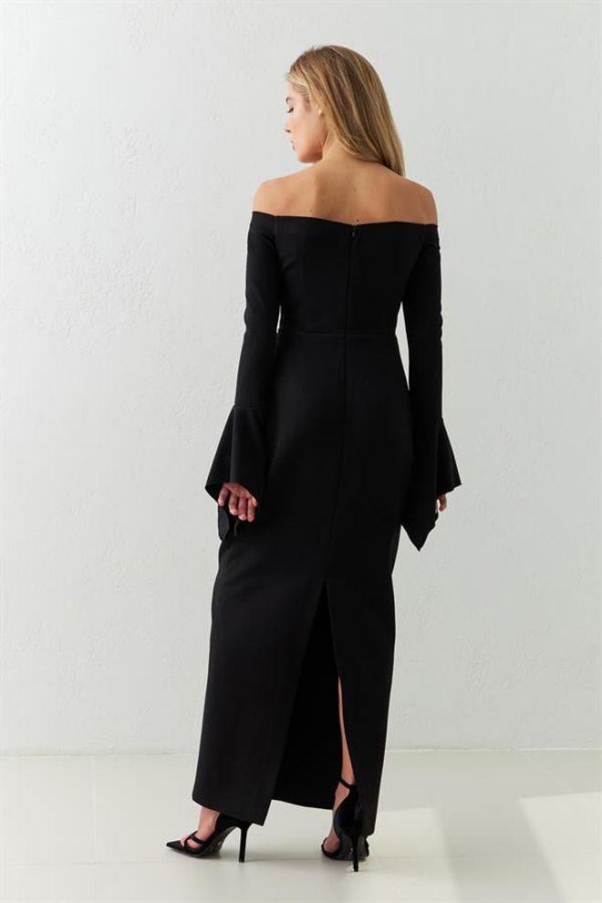 Setre Full Fit Shoulder And Sleeve Detailed Midi Dress Black Wholesale Clothing Formal