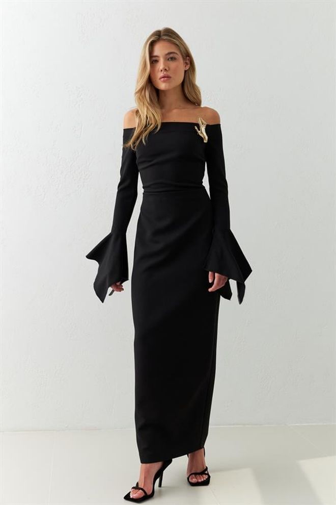 Setre Full Fit Shoulder And Sleeve Detailed Midi Dress Black Wholesale Clothing Birthday