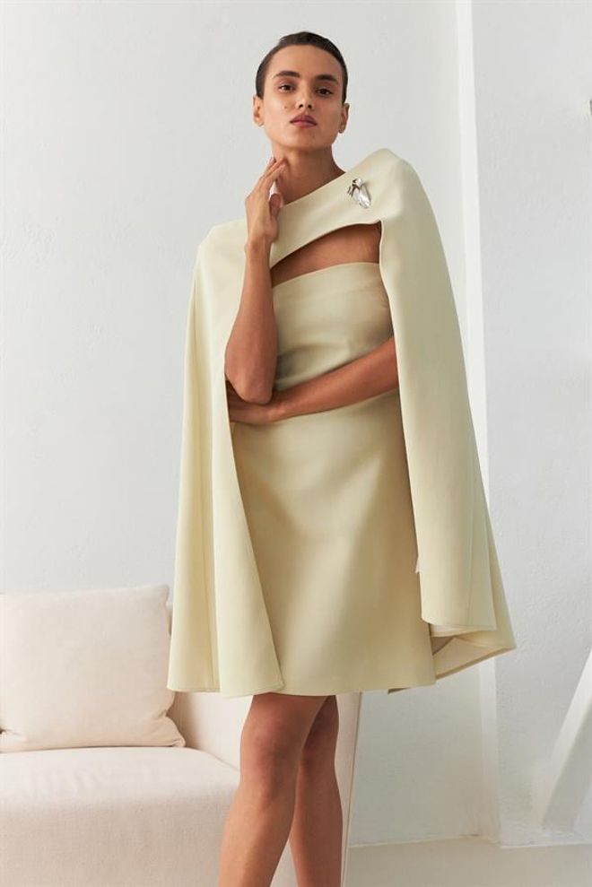 Setre Cape And Brooch Detailed Waisted Mini Dress Light Green Wholesale Clothing Elegant