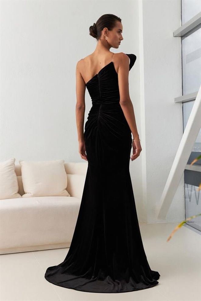 Setre One Shoulder Draped Long Evening Dress Black Wholesale Clothing Polyester