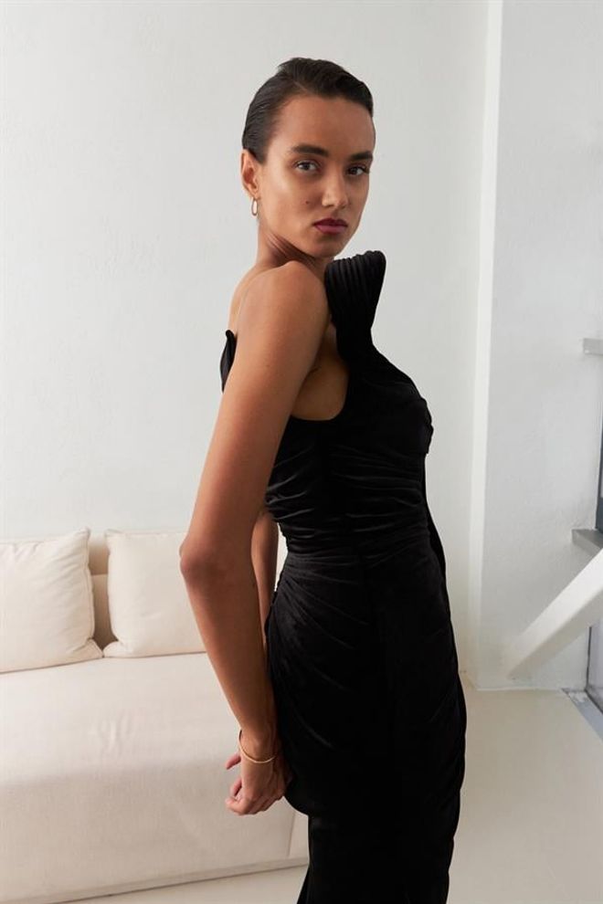 Setre One Shoulder Draped Long Evening Dress Black Wholesale Clothing Birthday