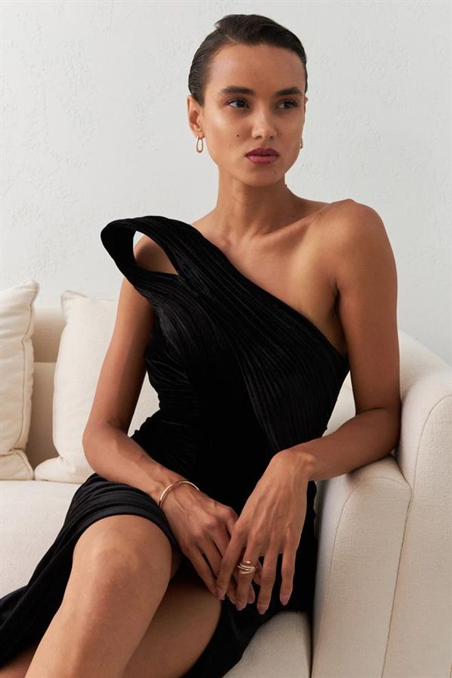 Setre One Shoulder Draped Long Evening Dress Black Wholesale Clothing 5