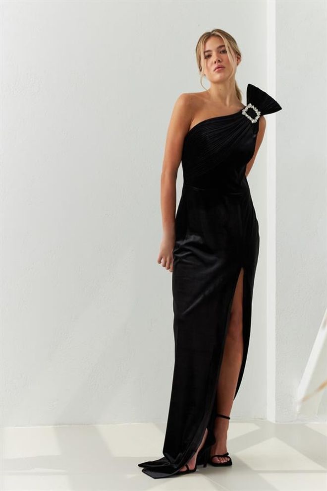 Setre One Shoulder Brooch Detailed Velvet Evening Dress Black Wholesale Clothing Summer