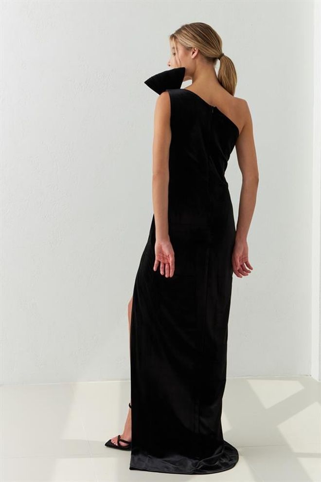 Setre One Shoulder Brooch Detailed Velvet Evening Dress Black Wholesale Clothing Wedding