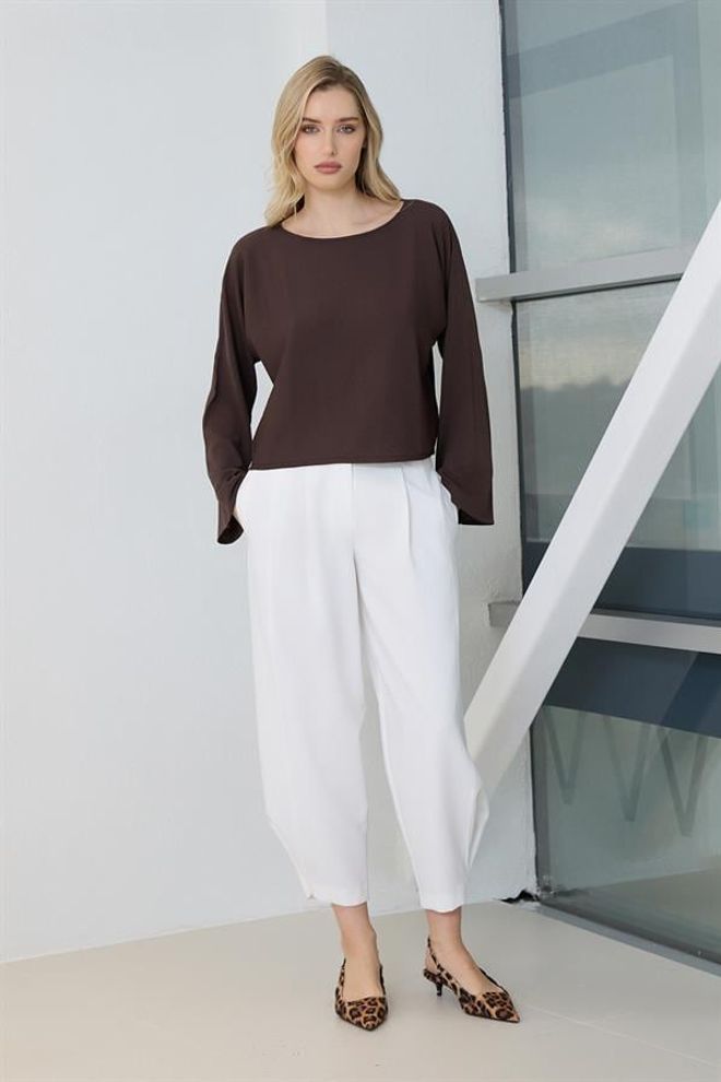 Setre Sleeve Detailed Relaxed Cut Long Sleeve Knit Blouse Brown Wholesale Clothing Casual