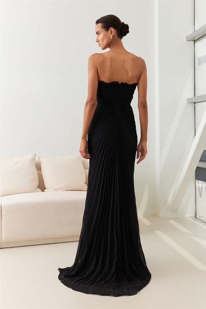 Setre Strapless Lace Embroidered Pleated Detailed Evening Dress Black Wholesale Clothing Polyester