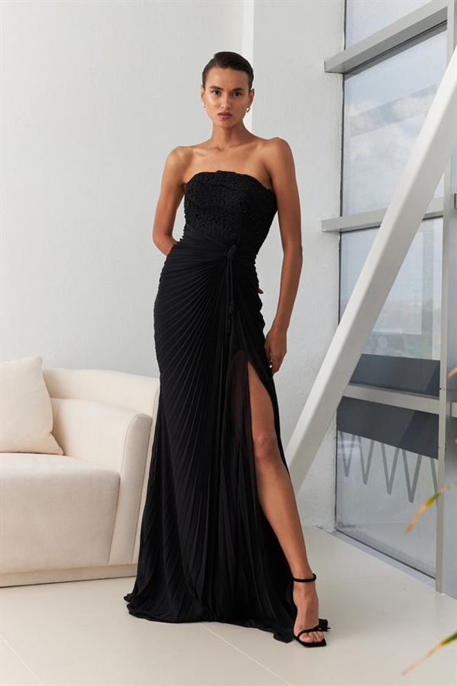Setre Strapless Lace Embroidered Pleated Detailed Evening Dress Black Wholesale Clothing 5