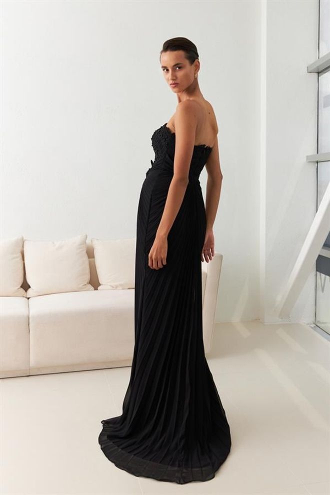 Setre Strapless Lace Embroidered Pleated Detailed Evening Dress Black Wholesale Clothing Wedding