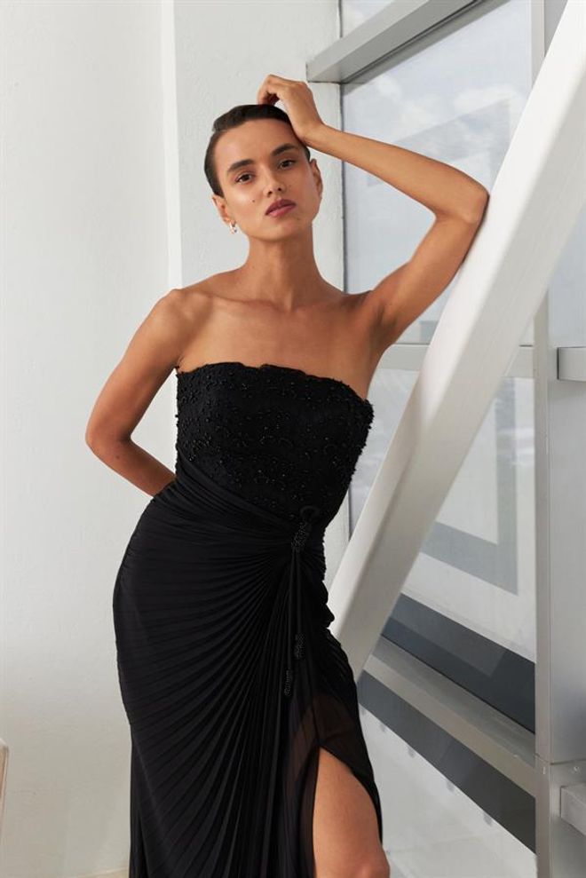 Setre Strapless Lace Embroidered Pleated Detailed Evening Dress Black Wholesale Clothing Birthday