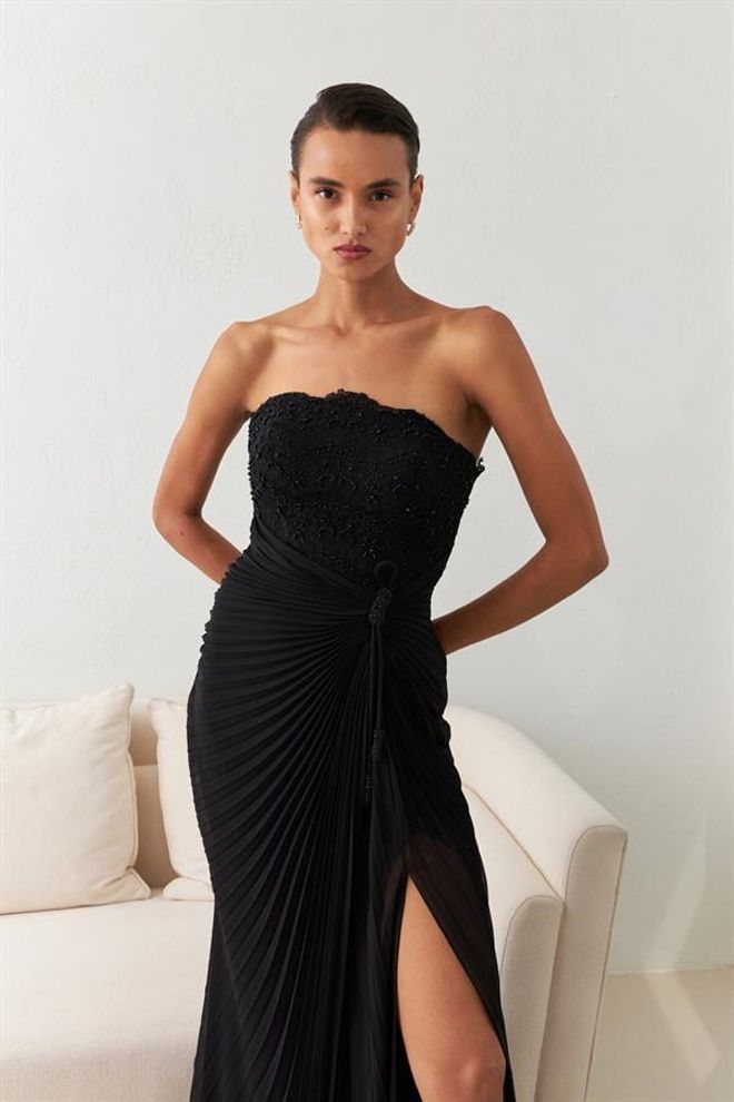 Setre Strapless Lace Embroidered Pleated Detailed Evening Dress Black Wholesale Clothing 7