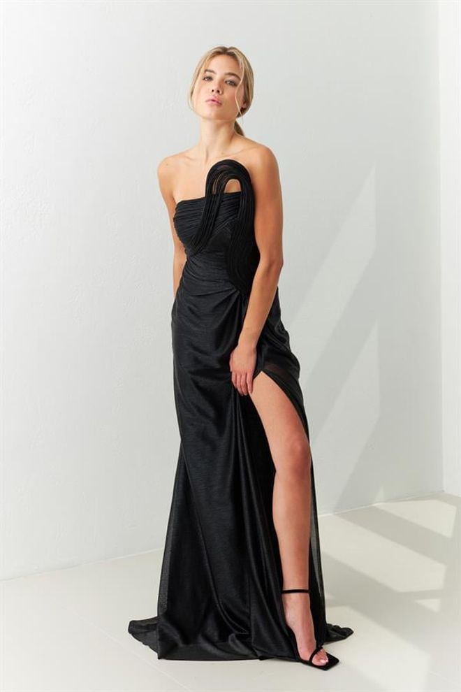 Setre Asymmetrische Avondjurk Met Gedetailleerde Split Zwart goud Groothandel Kleding Elegant