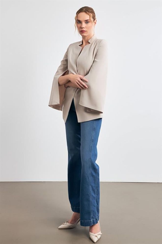 Setre Sleeve Detailed Waist Tie Detailed Jacket Stone Wholesale Clothing 4