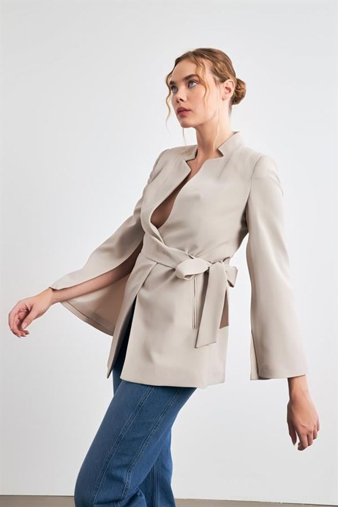 Setre Sleeve Detailed Waist Tie Detailed Jacket Stone Wholesale Clothing Polyester