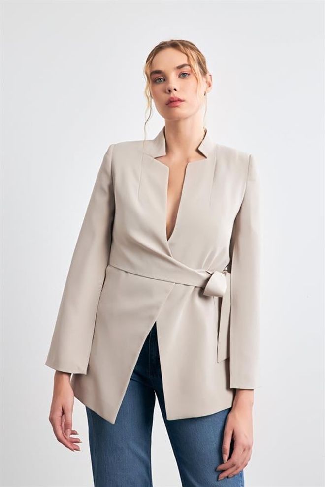 Setre Jacke Mit Ärmeldetail Und Bindedetail An Der Taille – Stein Großhandelskleidung Formal