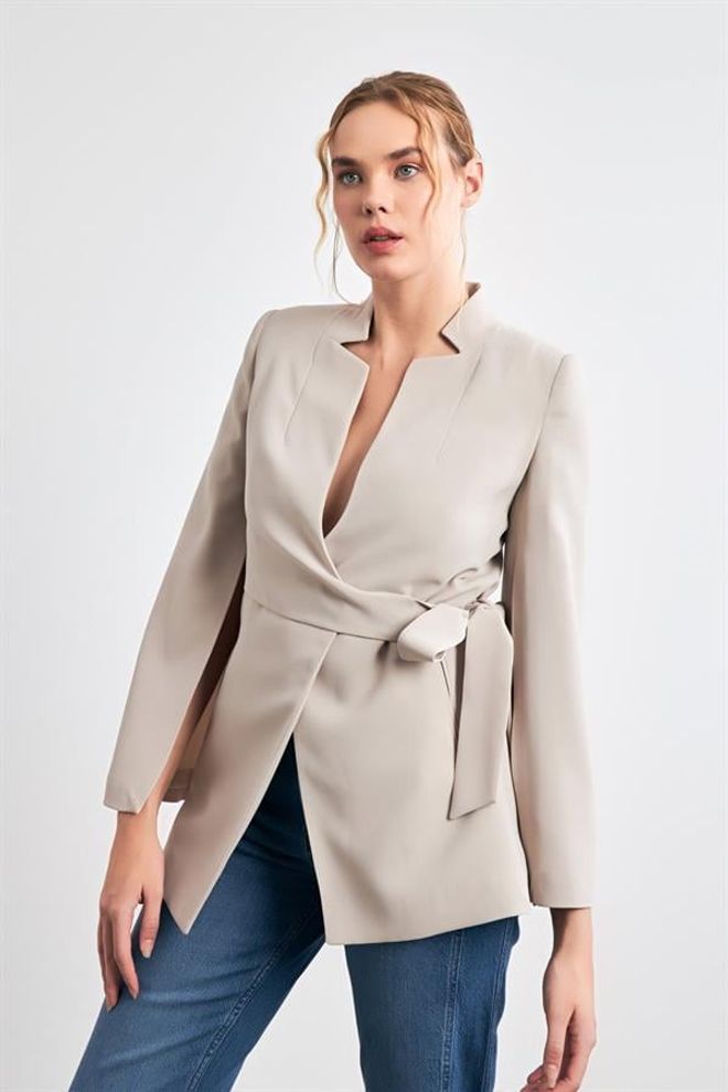 Setre Sleeve Detailed Waist Tie Detailed Jacket Stone Wholesale Clothing Fall