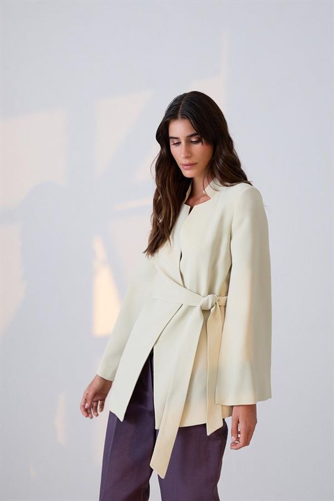 Setre Kol Detaylı Belde Bağlama Detaylı Ceket Açık Yeşil Wholesale Clothing Fall