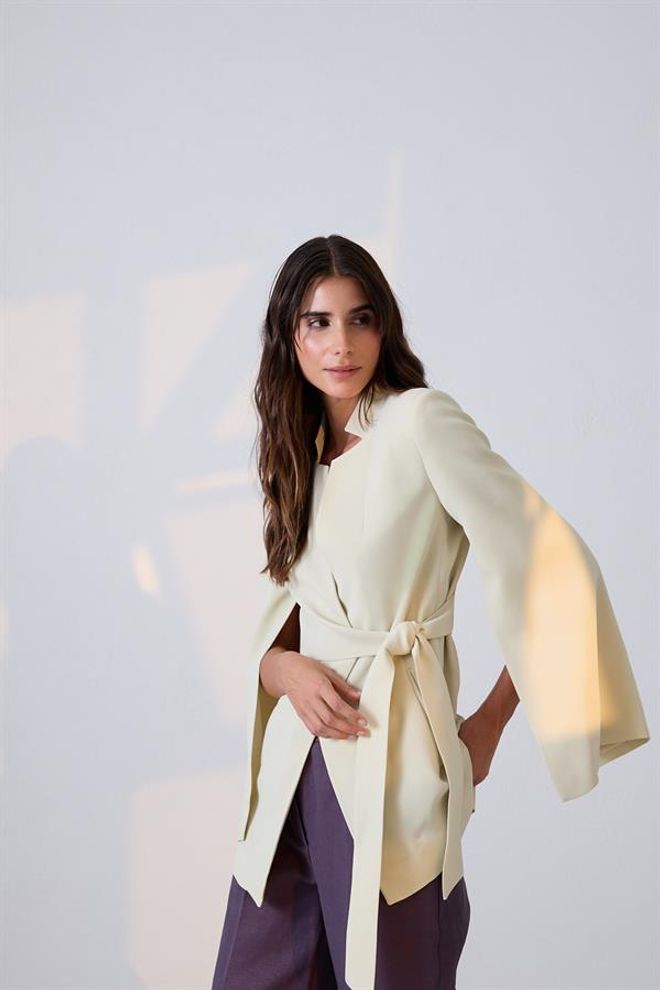 Setre Kol Detaylı Belde Bağlama Detaylı Ceket Açık Yeşil Wholesale Clothing Spring