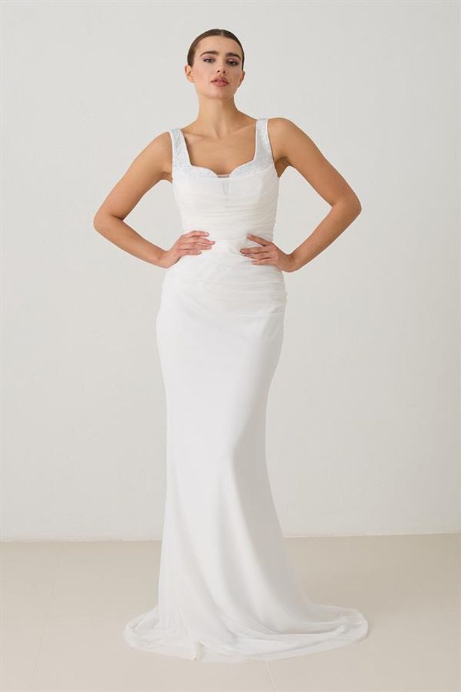 Setre Zarif Omuz Detaylı Gece Elbisesi Kemik Abbigliamento all'ingrosso 0