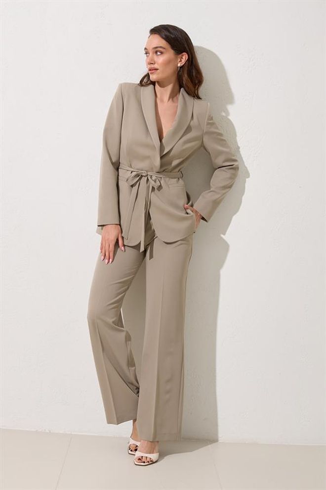 Setre Tie Waist & Pocket Detailed Jacket And Casual Fit Trousers Set Olive Wholesale Clothing Elegant