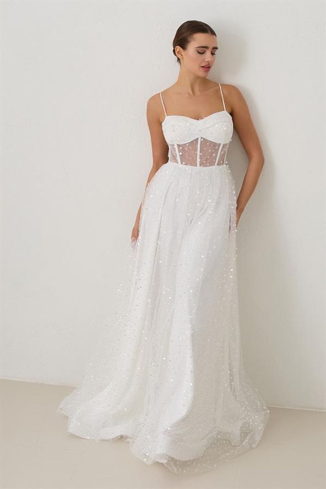 Setre Strapless Collar Glitter Detailed Long Length Evening Dress Bone Wholesale Clothing 0