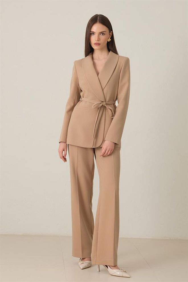 Setre Tie Waist And Pocket Detailed Jacket And Comfortable Fit Trousers Set Beige Wholesale Clothing Formal