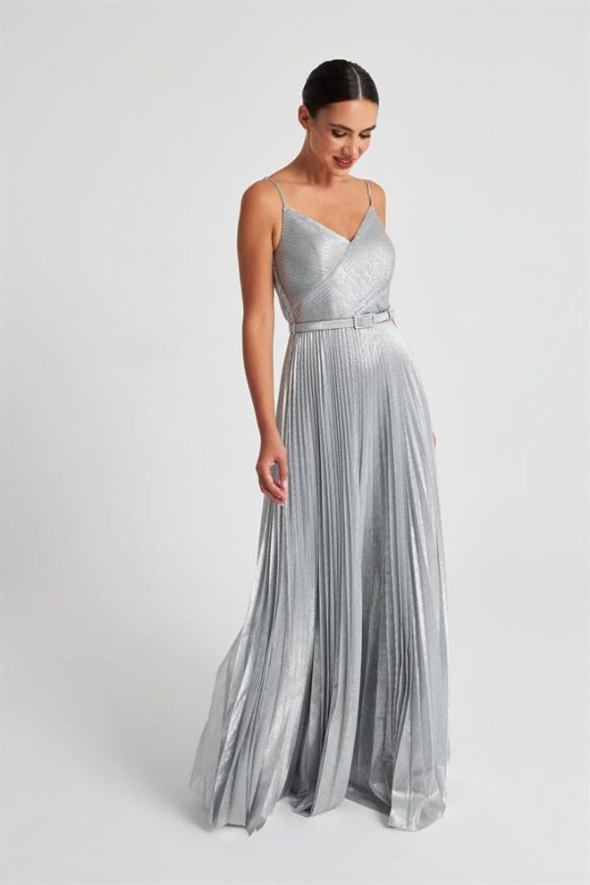 Setre Vestido De Noite Longo Com Detalhes De Cinto E Pilha Com Decote Em V Prata Roupas por atacado Elegante