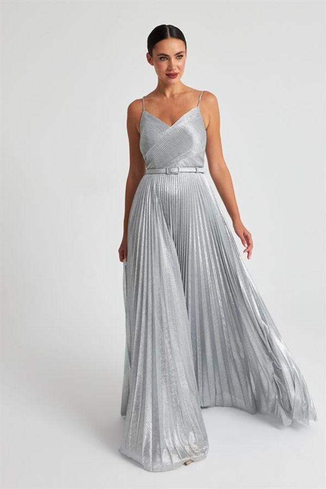 Setre Belt And Pile Detail V Neck Long Evening Dress Silver Wholesale Clothing No Fabric