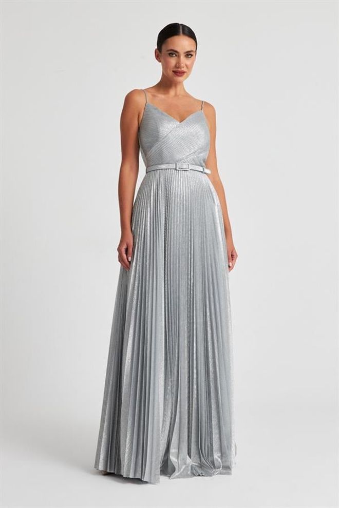 Setre Belt And Pile Detail V Neck Long Evening Dress Silver Wholesale Clothing Evening