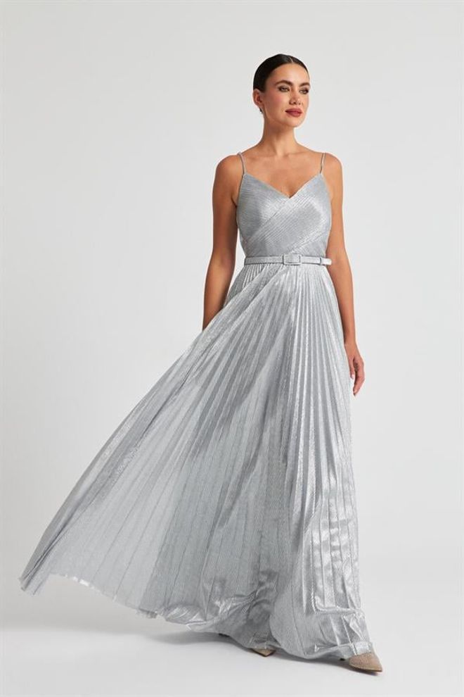 Setre Belt And Pile Detail V Neck Long Evening Dress Silver Wholesale Clothing Spring