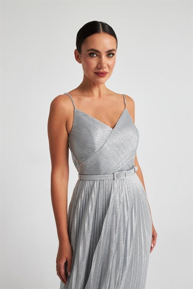 Setre Belt And Pile Detail V Neck Long Evening Dress Silver Wholesale Clothing Formal