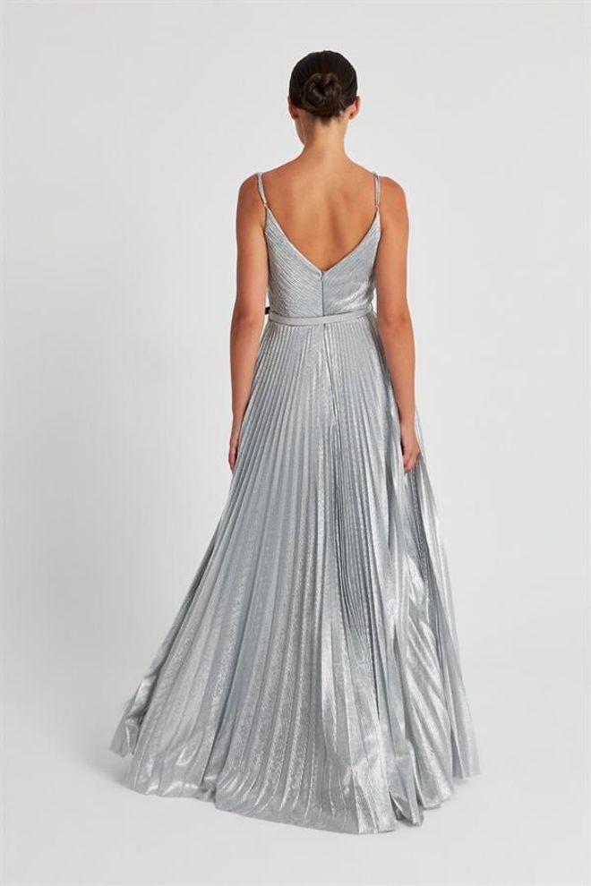 Setre Belt And Pile Detail V Neck Long Evening Dress Silver Wholesale Clothing 5