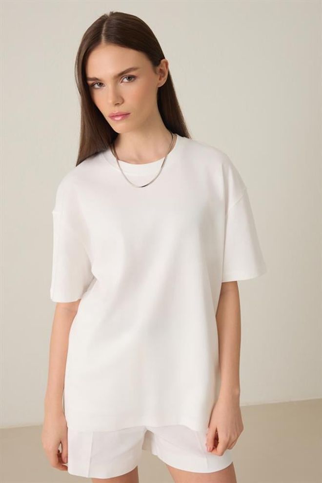 Setre Cotton Crew Neck Basic Short Sleeve T shirt Ecru Wholesale Clothing Birthday