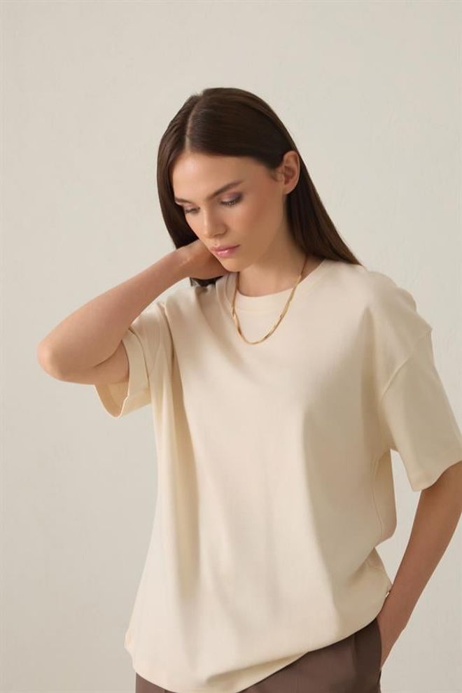 Setre Cotton Crew Neck Basic Short Sleeve T shirt Cream Wholesale Clothing Birthday