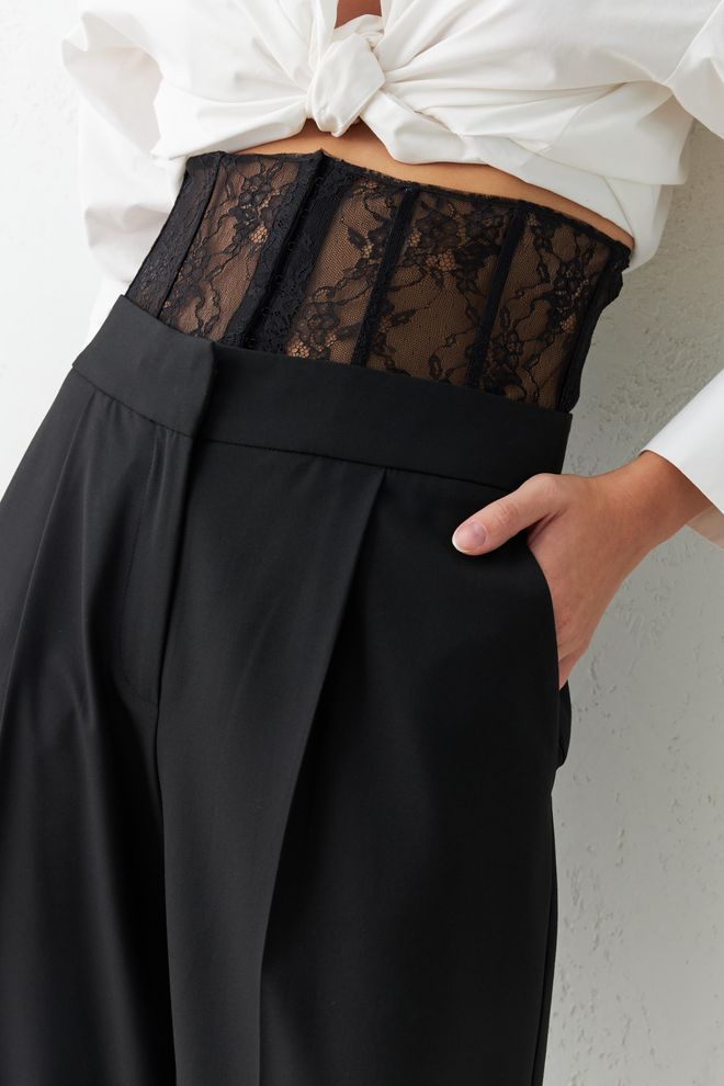 Setre Belden Transparan Detaylı Rahat Kesim Pantolon Siyah Wholesale Clothing Spring