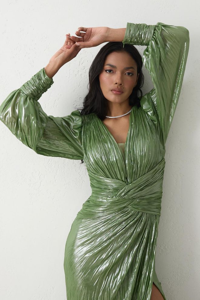 Setre Elegant Green Wrap Dress With Puff Long Sleeves Wholesale Clothing Formal