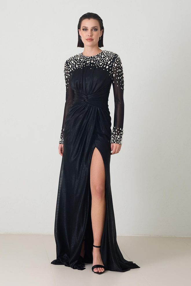 Setre Vestido Bainha Preto Elegante Com Mangas Compridas Roupas por atacado Sensual