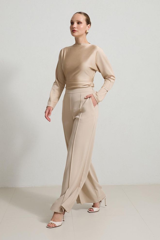 Setre Beige Palazzo Broek Met Hoge Taille En Wijde Pijp Groothandel Kleding Casual