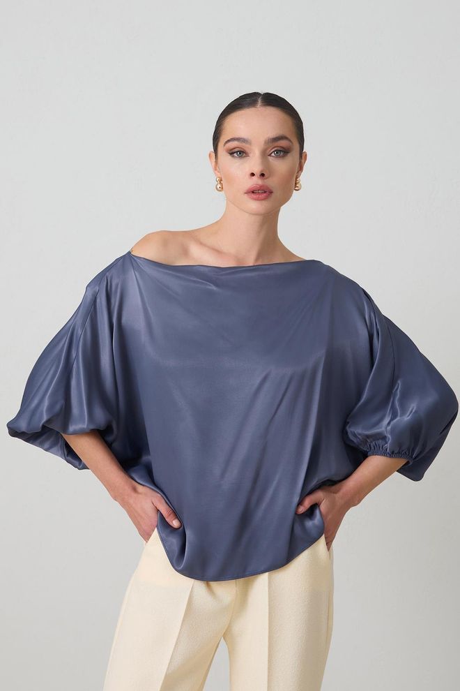 Setre Navy Blue Elegant Oversized Blouse With Ballon Sleeves Wholesale Clothing Casual