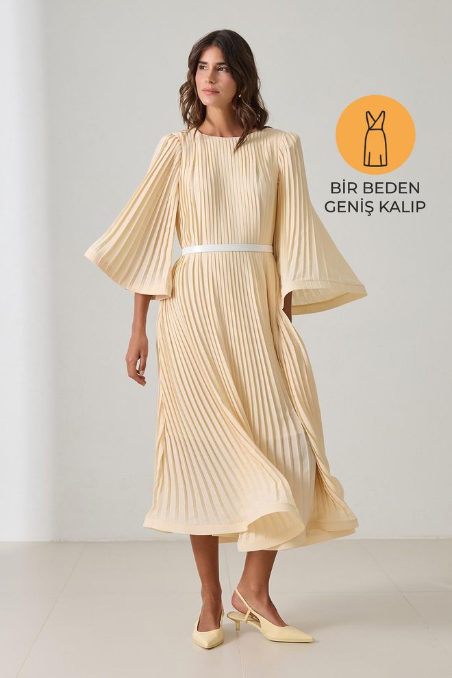 Setre Smėlio Spalvos Elegantiška A Silueto Midi Suknelė Didmeninė prekyba drabužiais Apykaklė su įkirpimu