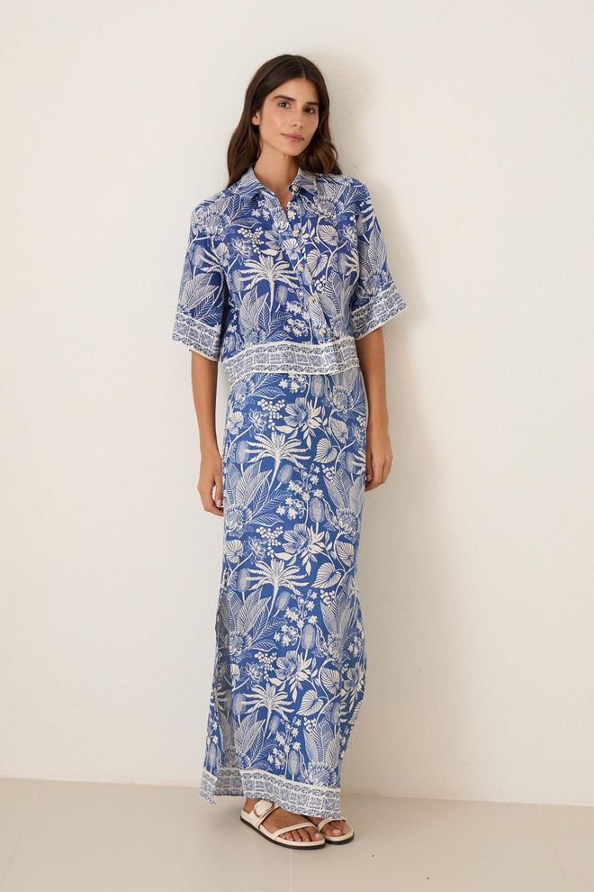 Setre Blauwe Bloemen Etnische Potlood Maxi Rok Groothandel Kleding Casual