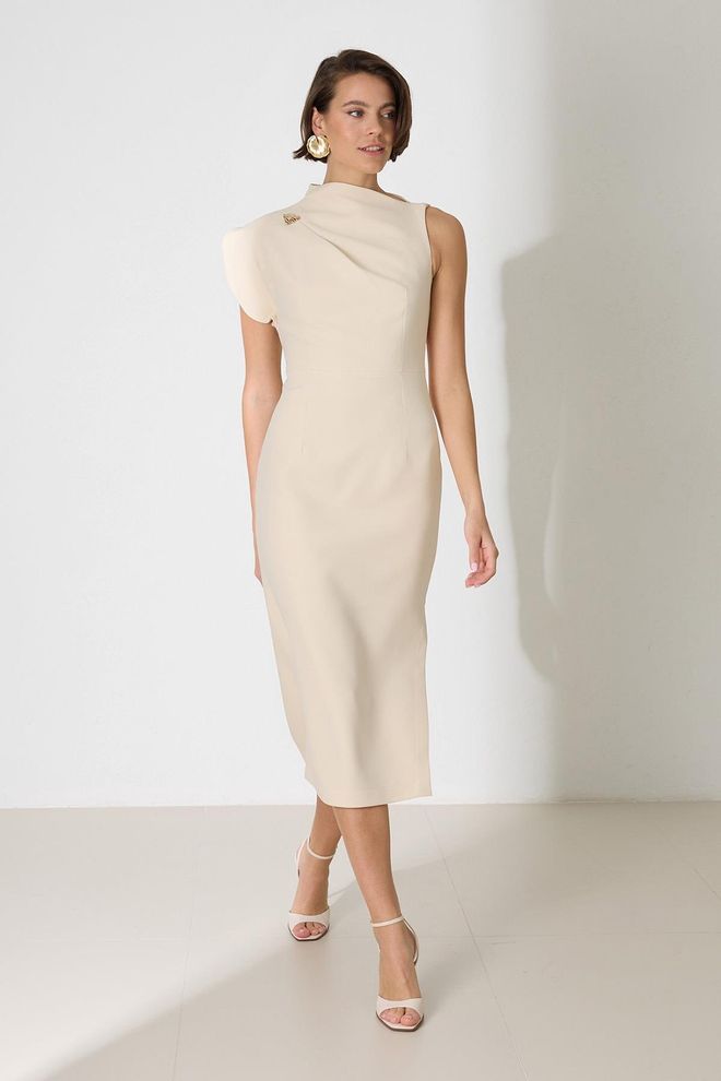 Setre Elegant Beige Sheath Dress With High Neck Wholesale Clothing Sexy