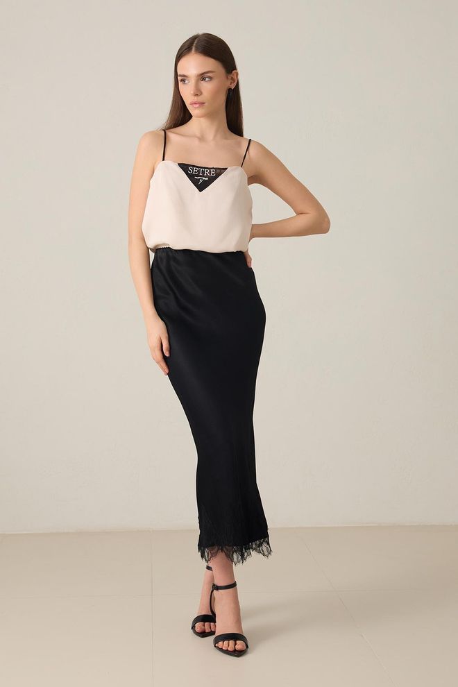 Setre Black Elegant Slip Midi Skirt Wholesale Clothing Vintage