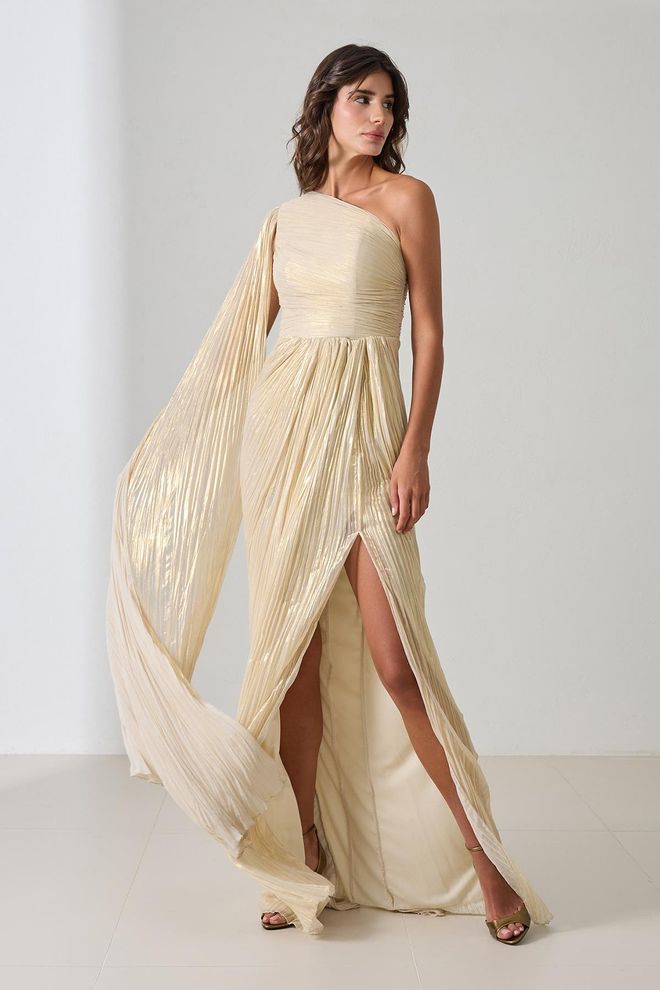 Setre Vestito Avvolgente Beige Elegante Con Scollo A Una Spalla Abbigliamento all'ingrosso Formale
