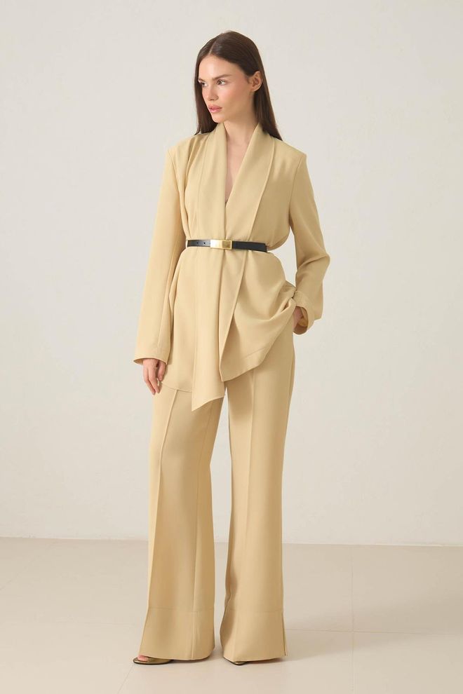Setre Beige Elegant Formeel Wrapover Jas Groothandel Kleding Formeel
