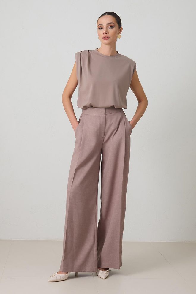 Setre بنطال بالازو بيج بحزام خصر عالي وساق عريضة ملابس بالجملة غير رسمي