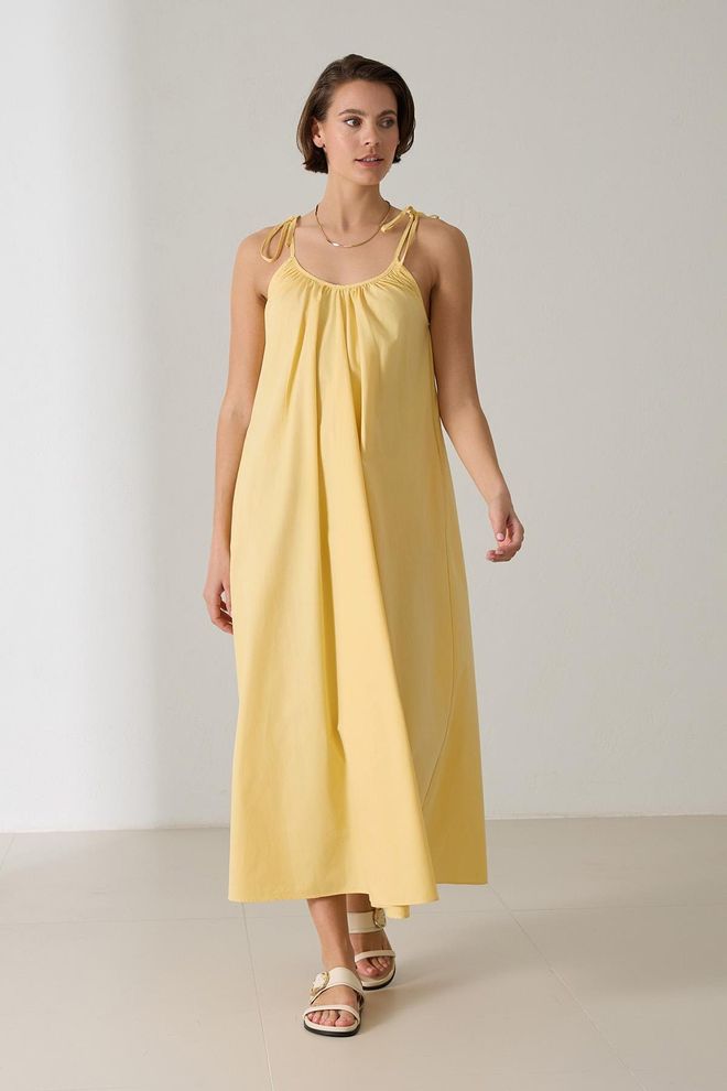 Setre Geel Slip Midi Jurk Met Cap Mouwen Groothandel Kleding Casual
