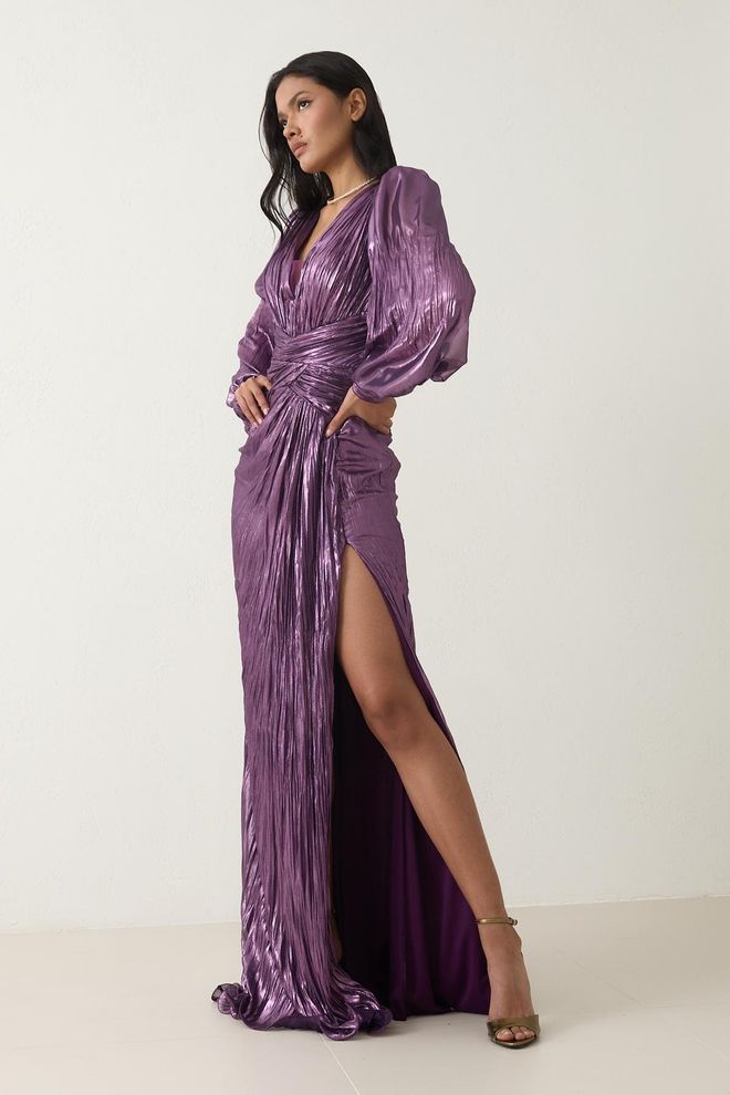Setre Elegante Vestito Viola Con Maniche A Palloncino E Spacco Abbigliamento all'ingrosso Formale