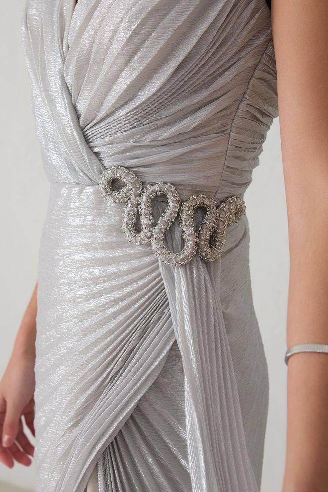 Setre Silver Elegant Glam Formal Sexy Wrap Dress Wholesale Clothing Spring