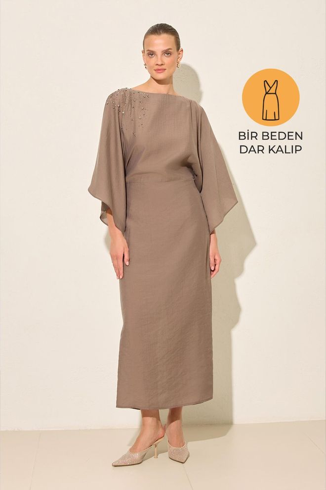 Setre Kahverengi Tesettür Zarif Resmi Elbise Fit & Düz Toptan Giyim Tesettür