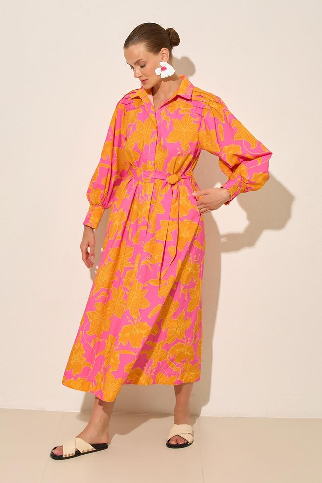 Setre Pink Floral Midi Shirt Dress With Long Sleeves Wholesale Clothing Casual